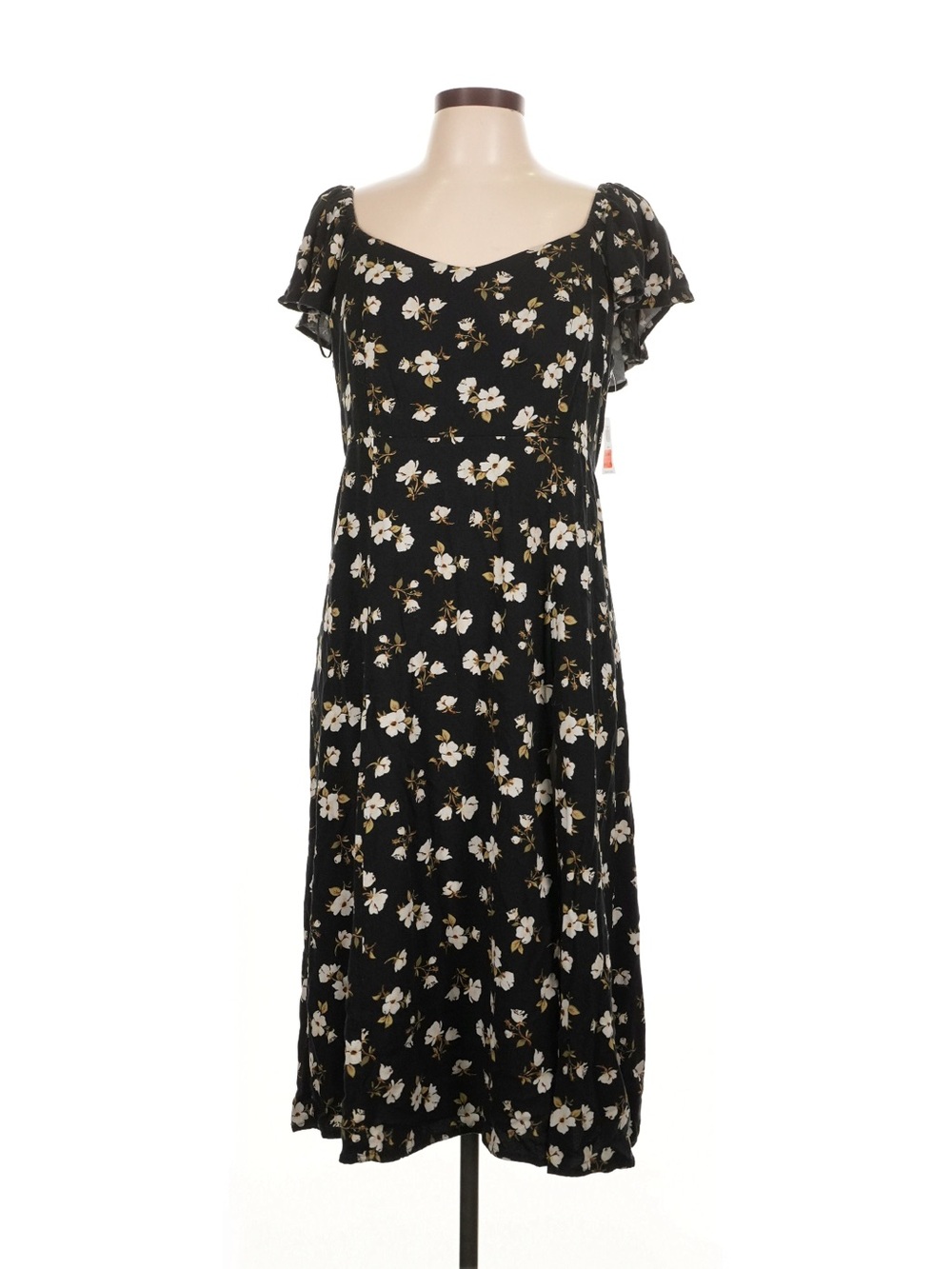 Old Navy Size Large Petite Black Floral Midi Dress with Flutter Sleeves